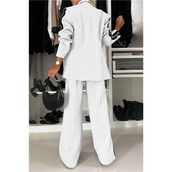 Full Size Contrast Lapel Collar Top and Pants Set - Picture 11 of 17